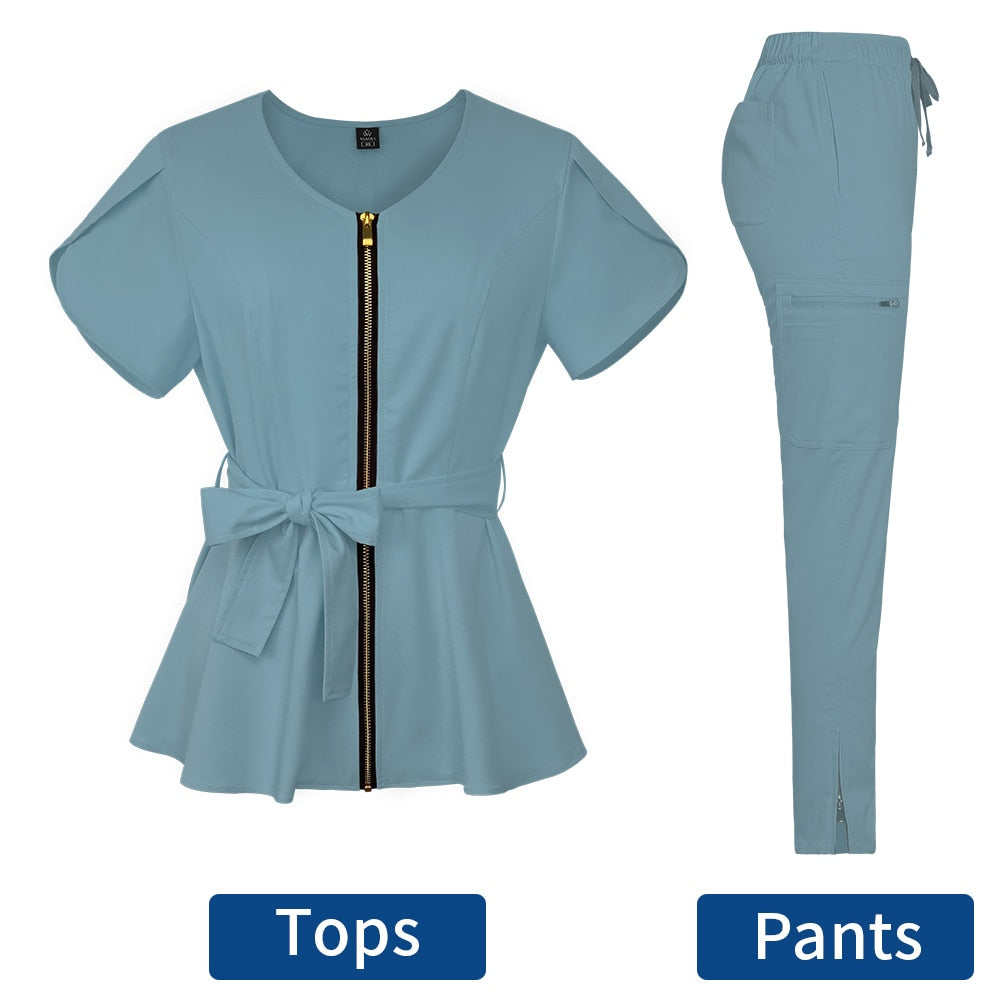 Stylish Nurses Uniform Workwear Scrubs Set | Short-Sleeved Pocket Blouse with Matching Pants | Solid Color | Ideal for Pharmacy, Dentistry, and Medical Workwear