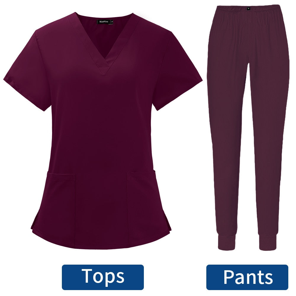 Women's Scrubs Set | Stylish Solid Color Nursing Uniform Jogging Pants | Comfortable Spa Uniform for Pet Hospitals, Doctors, and Dentists