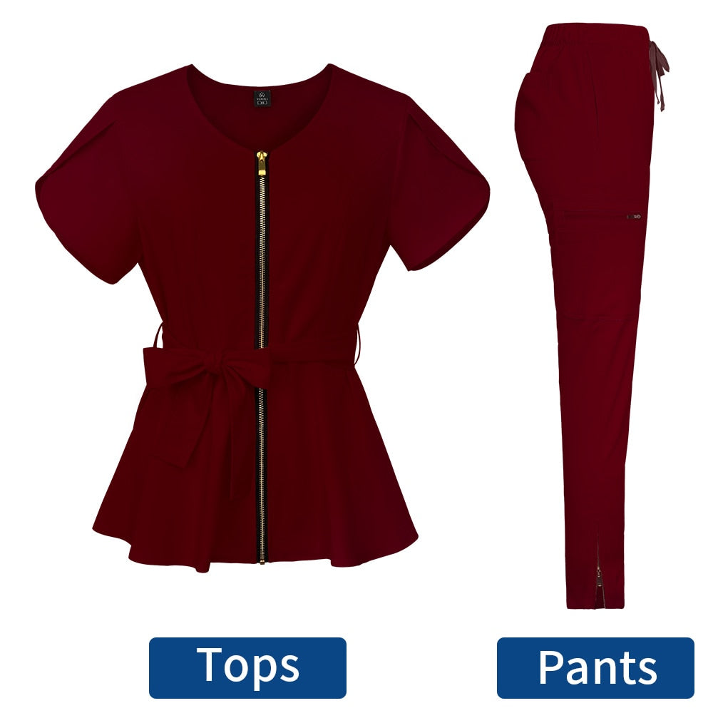 Stylish Nurses Uniform Workwear Scrubs Set | Short-Sleeved Pocket Blouse with Matching Pants | Solid Color | Ideal for Pharmacy, Dentistry, and Medical Workwear