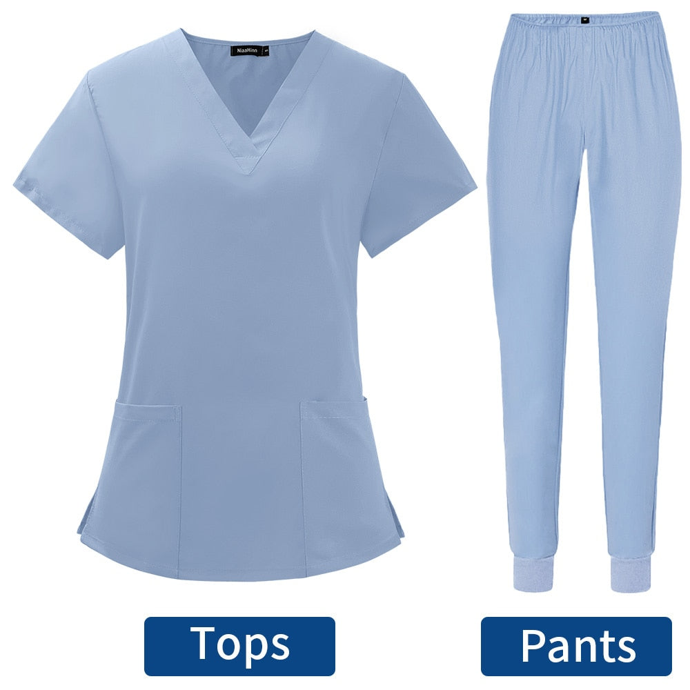 Women's Scrubs Set | Stylish Solid Color Nursing Uniform Jogging Pants | Comfortable Spa Uniform for Pet Hospitals, Doctors, and Dentists