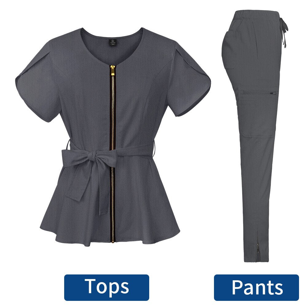 Stylish Nurses Uniform Workwear Scrubs Set | Short-Sleeved Pocket Blouse with Matching Pants | Solid Color | Ideal for Pharmacy, Dentistry, and Medical Workwear