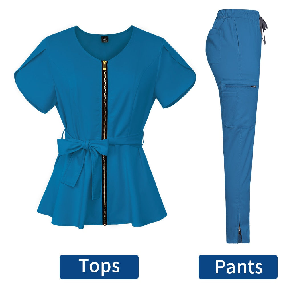 Stylish Nurses Uniform Workwear Scrubs Set | Short-Sleeved Pocket Blouse with Matching Pants | Solid Color | Ideal for Pharmacy, Dentistry, and Medical Workwear
