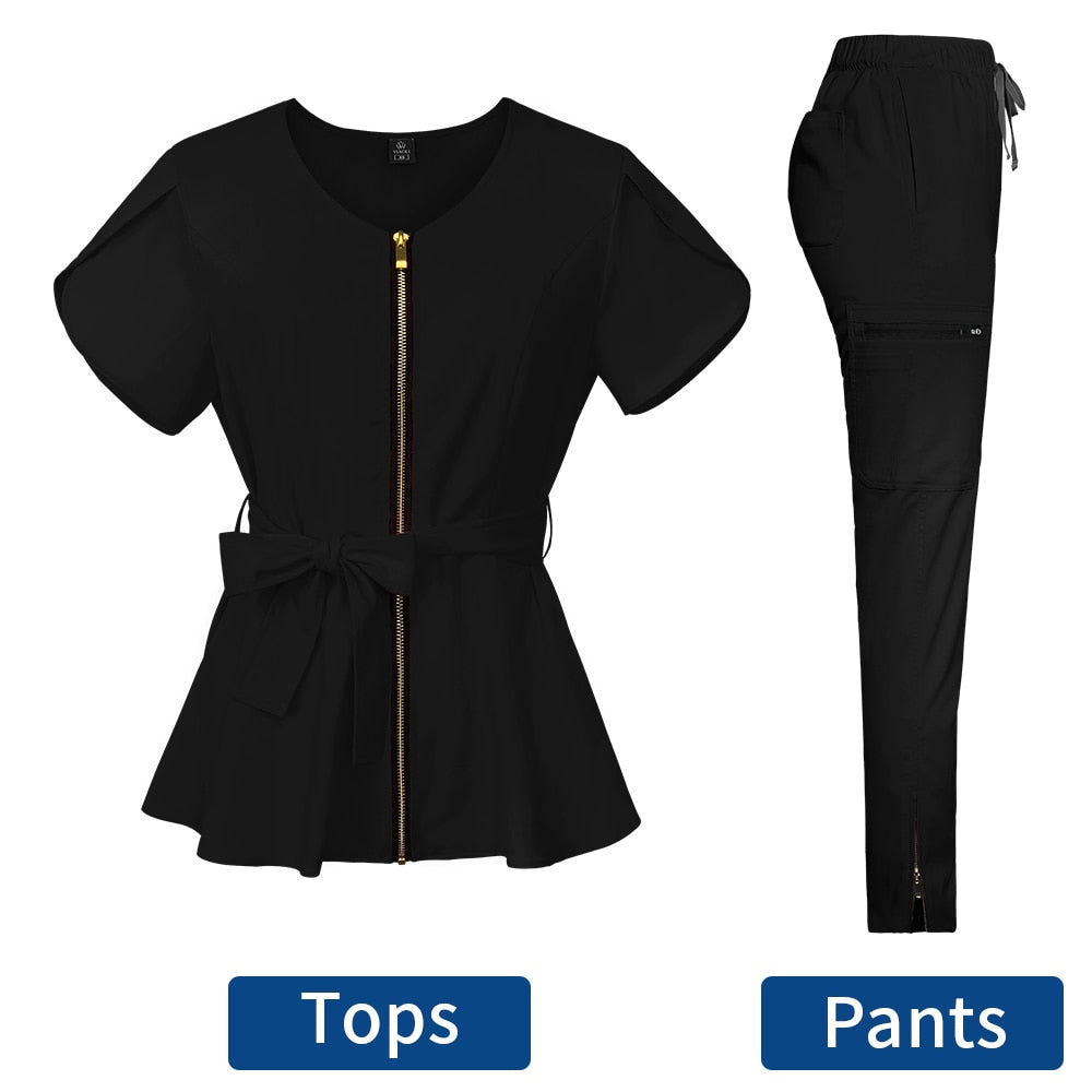 Stylish Nurses Uniform Workwear Scrubs Set | Short-Sleeved Pocket Blouse with Matching Pants | Solid Color | Ideal for Pharmacy, Dentistry, and Medical Workwear