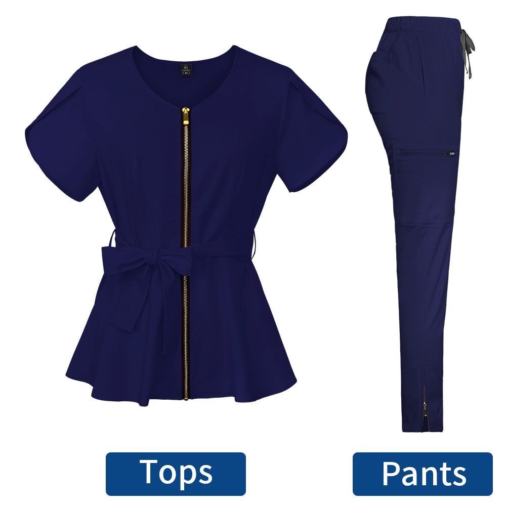 Stylish Nurses Uniform Workwear Scrubs Set | Short-Sleeved Pocket Blouse with Matching Pants | Solid Color | Ideal for Pharmacy, Dentistry, and Medical Workwear