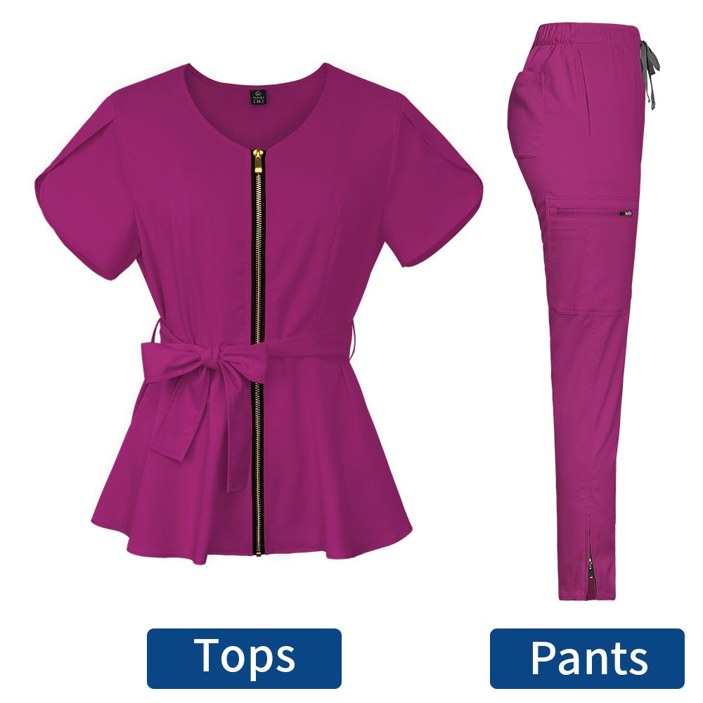 Stylish Nurses Uniform Workwear Scrubs Set | Short-Sleeved Pocket Blouse with Matching Pants | Solid Color | Ideal for Pharmacy, Dentistry, and Medical Workwear