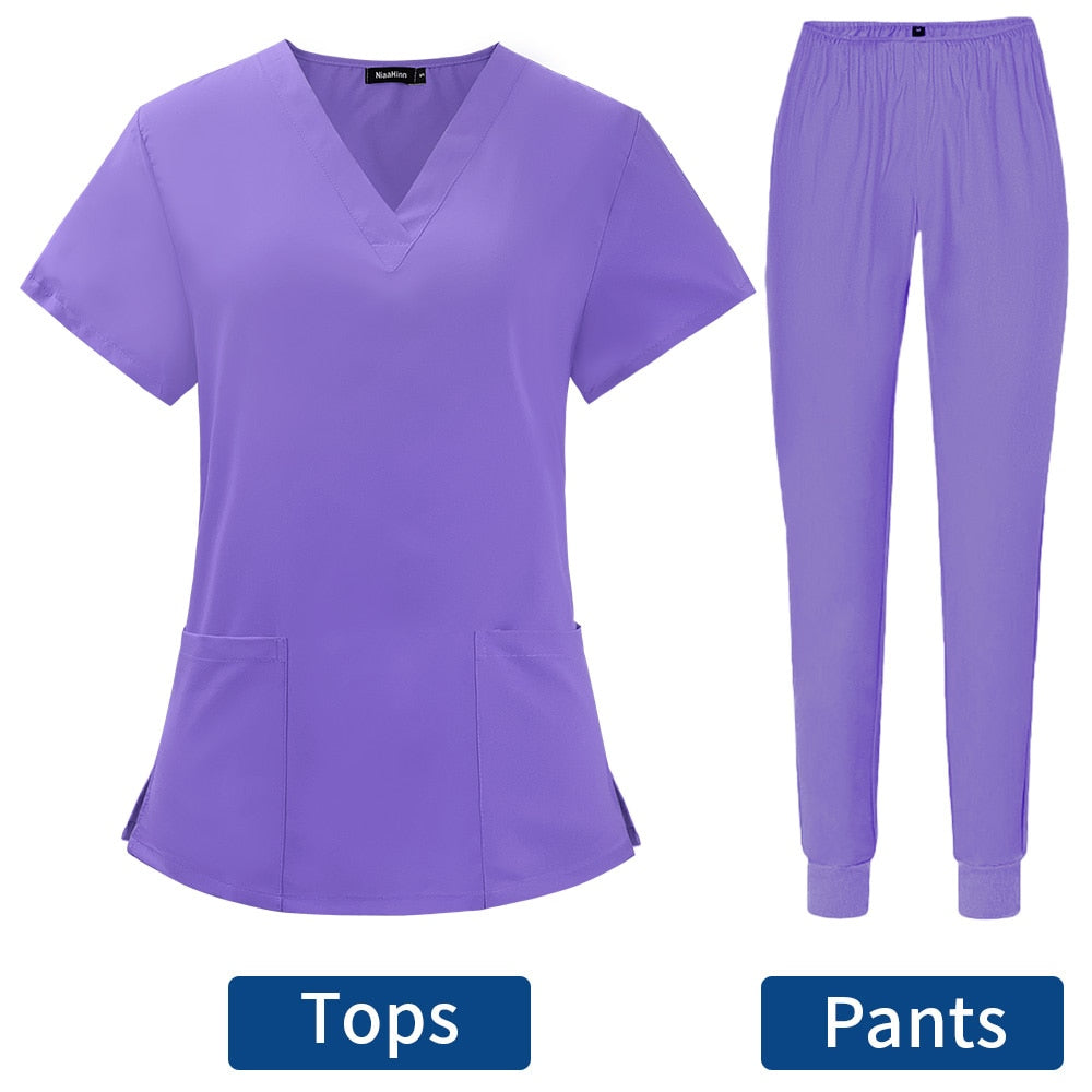 Women's Scrubs Set | Stylish Solid Color Nursing Uniform Jogging Pants | Comfortable Spa Uniform for Pet Hospitals, Doctors, and Dentists