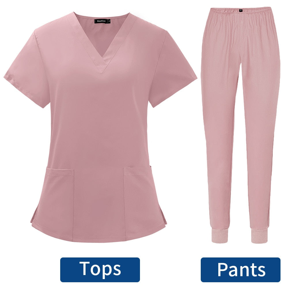 Women's Scrubs Set | Stylish Solid Color Nursing Uniform Jogging Pants | Comfortable Spa Uniform for Pet Hospitals, Doctors, and Dentists