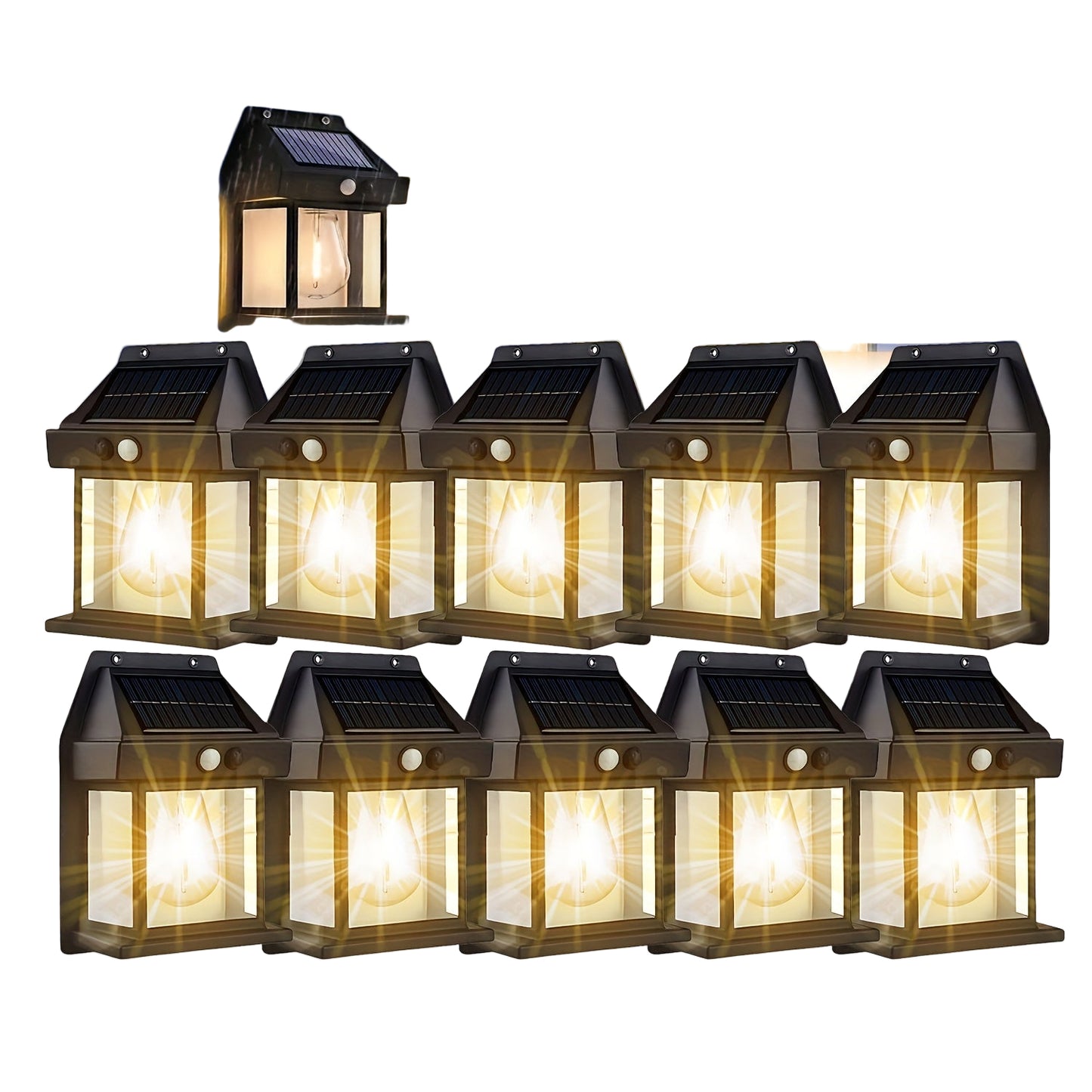 Set of solar-powered outdoor lights with waterproof feature, displayed against a blue sky.