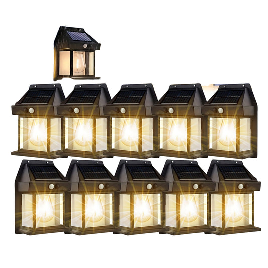 Set of solar-powered outdoor lights with waterproof feature, displayed against a blue sky.