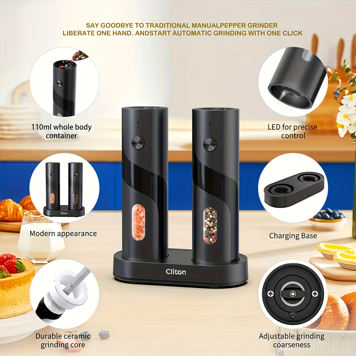 Rechargeable Electric Salt & Pepper Grinder Set with LED Light