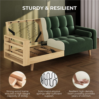 Velvet Convertible Sofa Bed – 3 Seater Futon with Adjustable Backrest & Pillows | Grey / Blue / Green