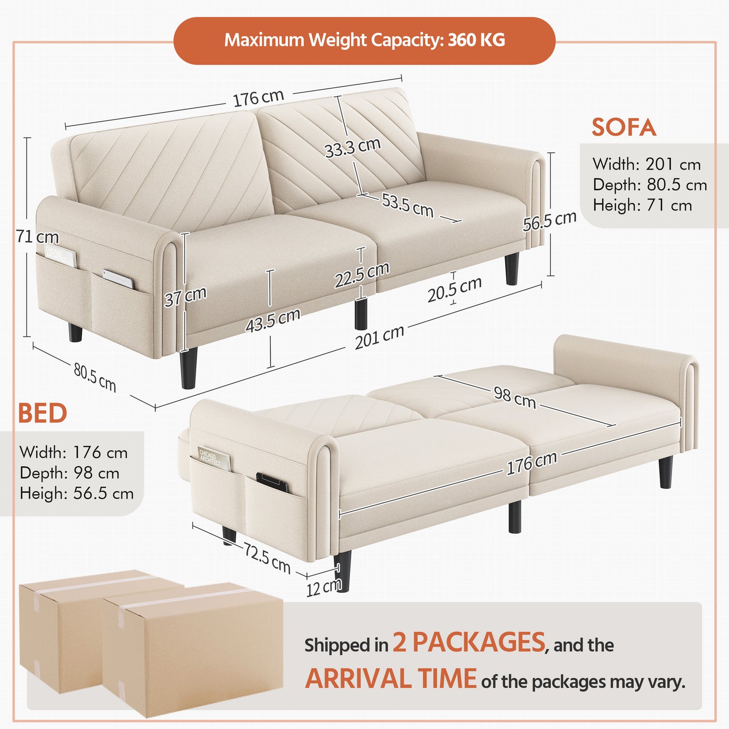 Contemporary Convertible Sofa Bed – 3 Seater Futon for Small Spaces