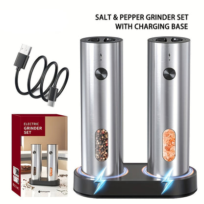 Salt and pepper grinder set with charging base by Cliton on a white background