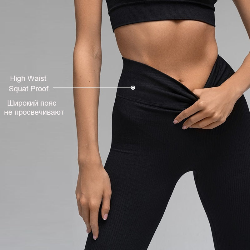 Seamless Ribbed Yoga Pants - High Waist Tummy Control Fitness Leggings for Women