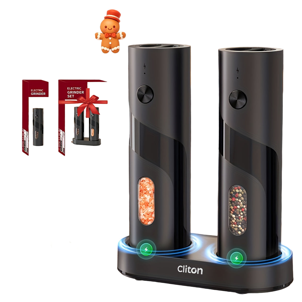 Cliton electric pepper grinder set on a wooden surface with packaging and branding elements.