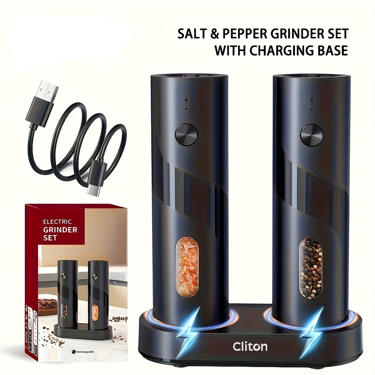 Cliton salt and pepper grinder set with charging base on a white background