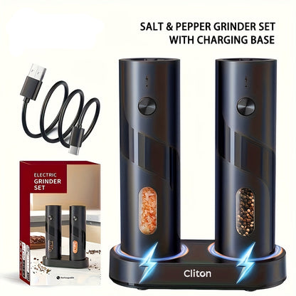 Cliton salt and pepper grinder set with charging base on a white background