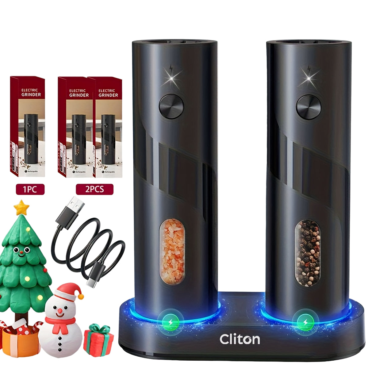 Cliton electric pepper grinder set with accessories on a white background