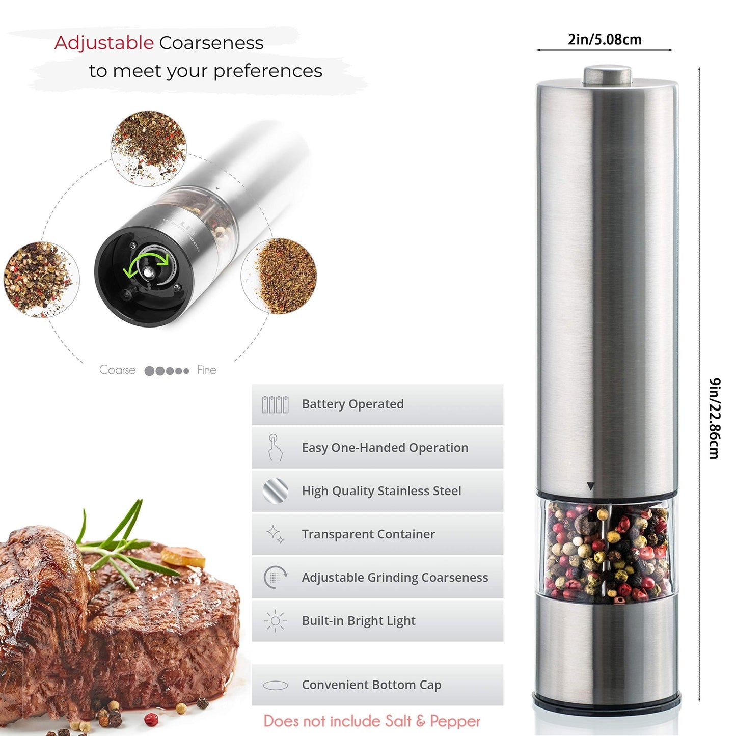 Electric Salt & Pepper Grinder Set - One-Handed Operation | Automatic Grinder for Kitchen