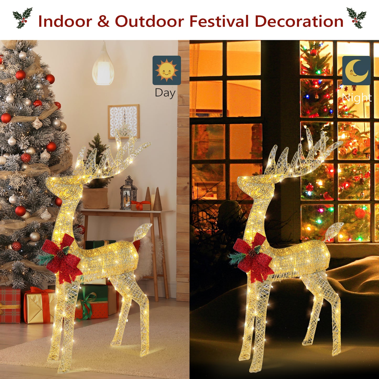 4ft Pre-lit Christmas Reindeer Outdoor Decorations with Santa's Sleigh – Weatherproof