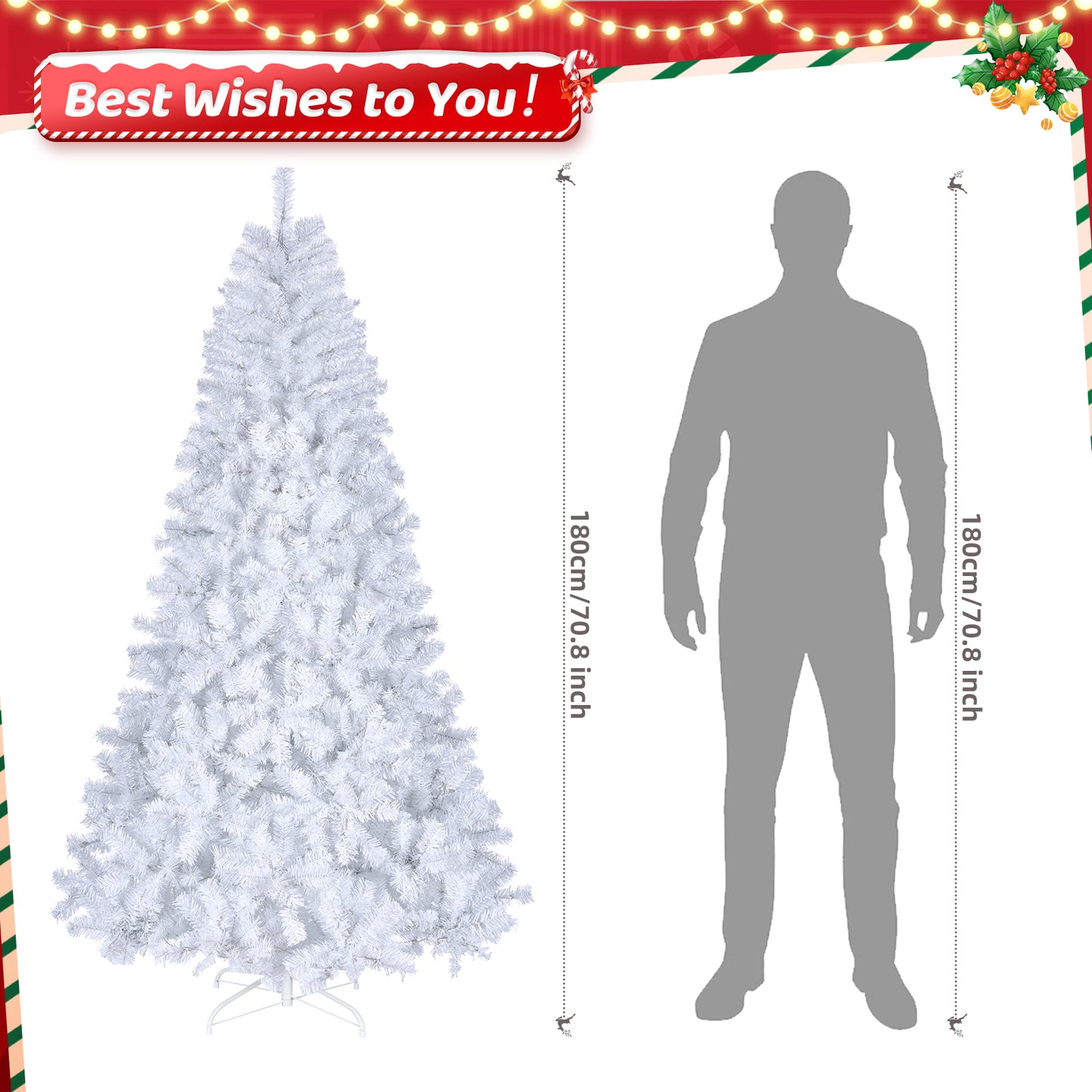 7FT White Christmas Tree - 950 Branches - Sturdy Iron Legs