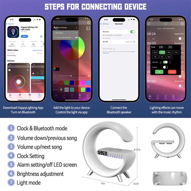 Wireless Charging Atmosphere Light, Bluetooth Speaker Dimmable LED Desk Light With Application Control And Alarm Clock, And Complimentary Global Plug Conversion Adapter