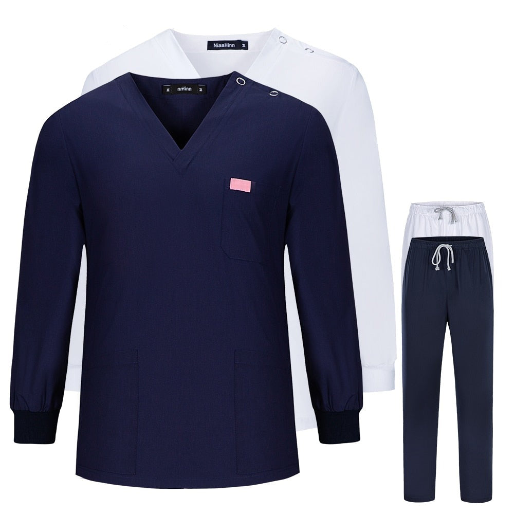 Unisex Scrub Set: V-Neck Top + Pants | Long-Sleeved Doctor Nurse Clothes Overalls