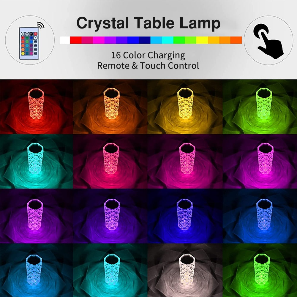 Diamond Crystal Table Lamp LED Light Projector 16 Colors Touch-Control Adjustable USB Night Lamp