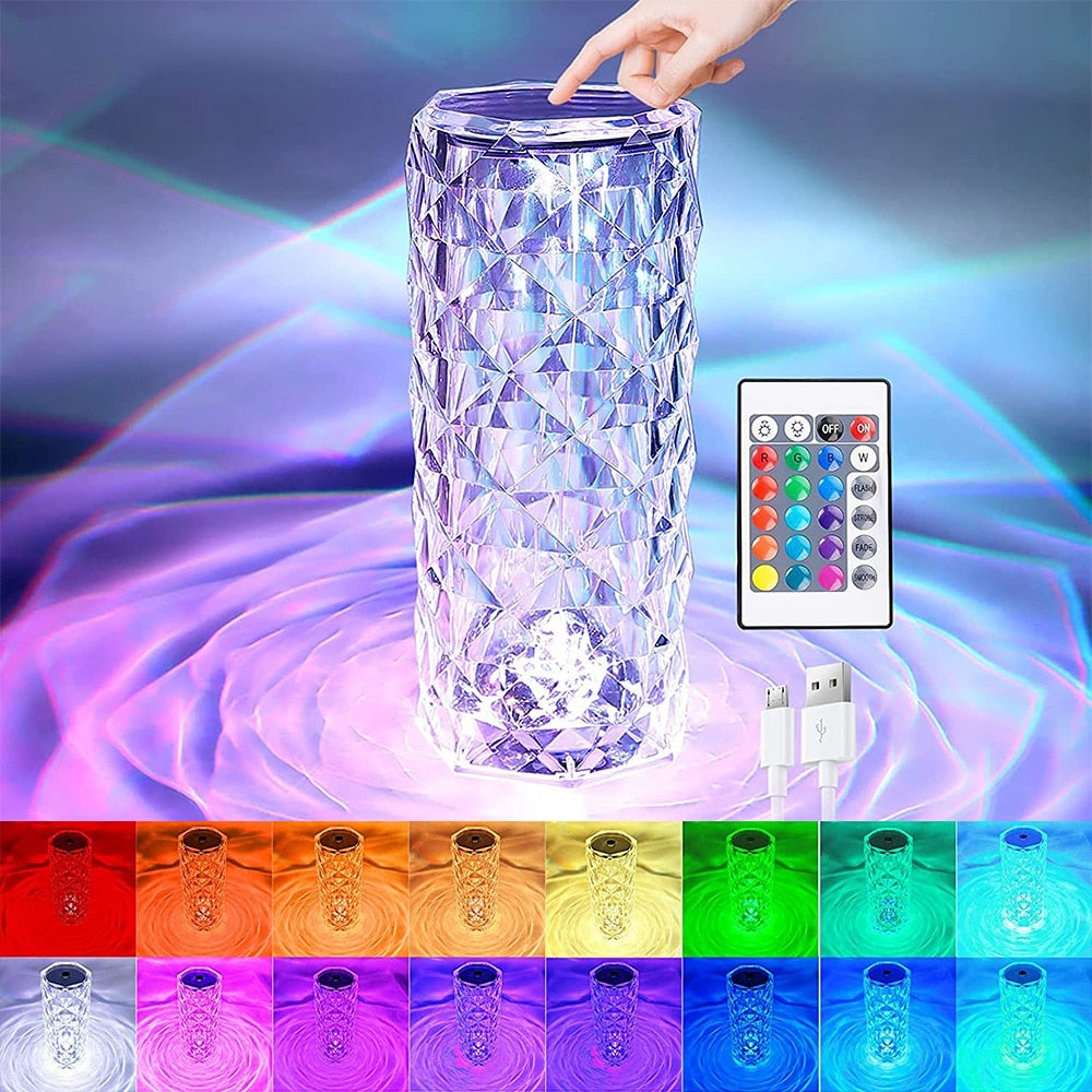 Diamond Crystal Table Lamp LED Light Projector 16 Colors Touch-Control Adjustable USB Night Lamp