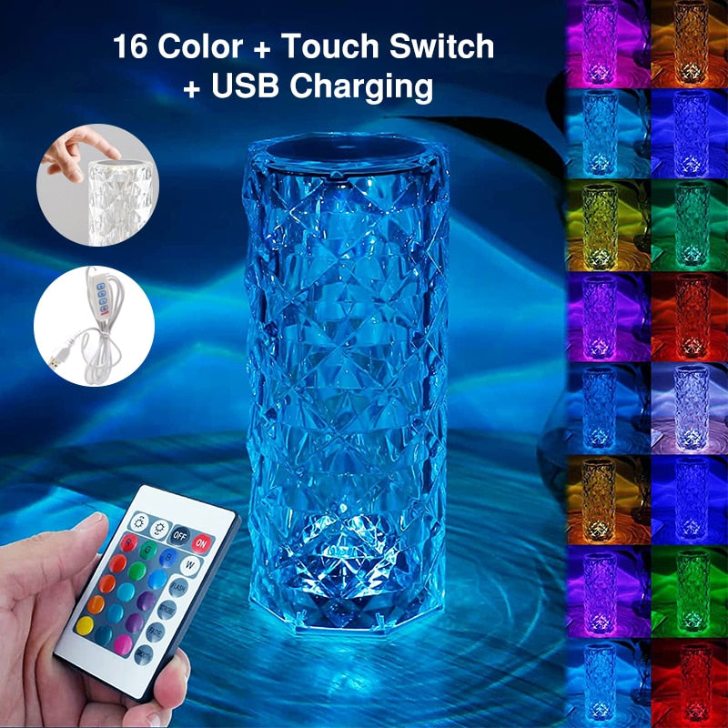 Diamond Crystal Table Lamp LED Light Projector 16 Colors Touch-Control Adjustable USB Night Lamp