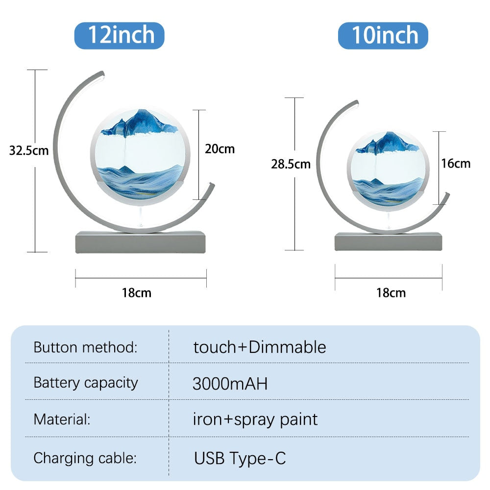 LED 3D Moving Sand Art Table Lamp Hourglass Sandscape Display Bedside Light - 10/12inch