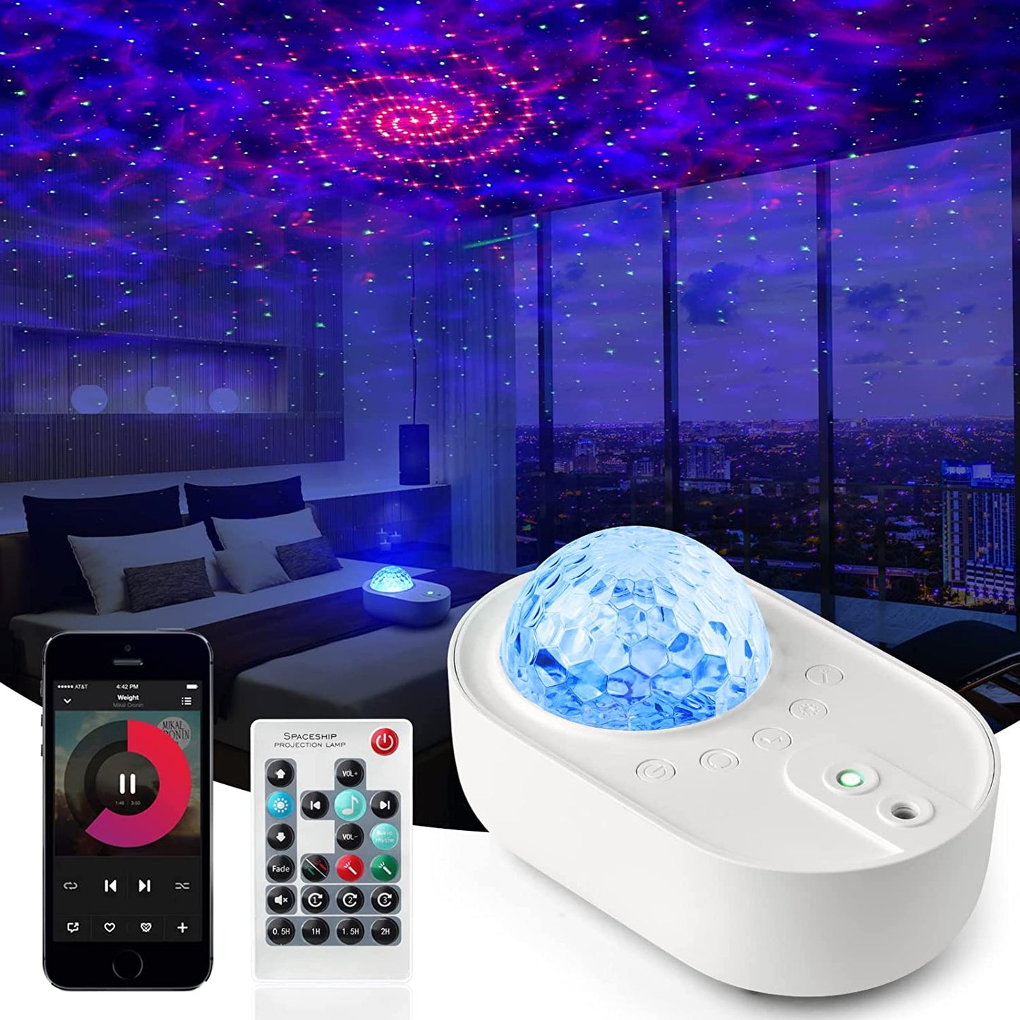 Spaceship Bluetooth Music Speaker Starry Sky Projector Night Light with Remote