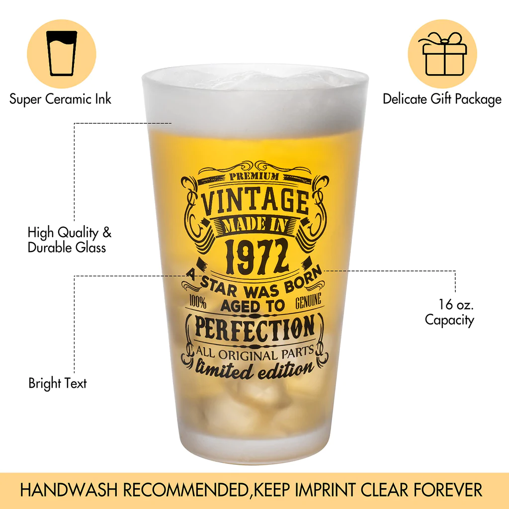 Vintage 1972 Beer Glass - Premium Personalized 480ml Pint Glass for a Crisp Beer - Perfect 50th Birthday or Dad Gift