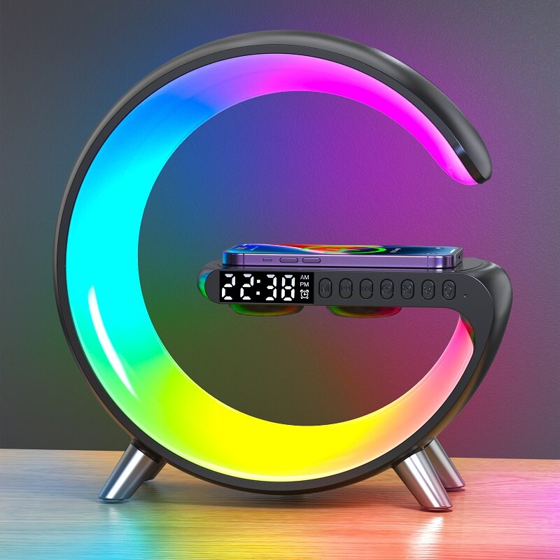 Wireless Charging Atmosphere Light, Bluetooth Speaker Dimmable LED Desk Light With Application Control And Alarm Clock, And Complimentary Global Plug Conversion Adapter