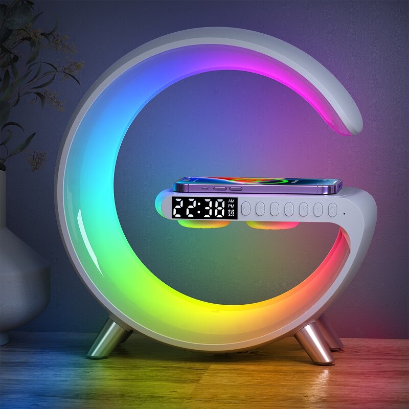 Wireless Charging Atmosphere Light, Bluetooth Speaker Dimmable LED Desk Light With Application Control And Alarm Clock, And Complimentary Global Plug Conversion Adapter